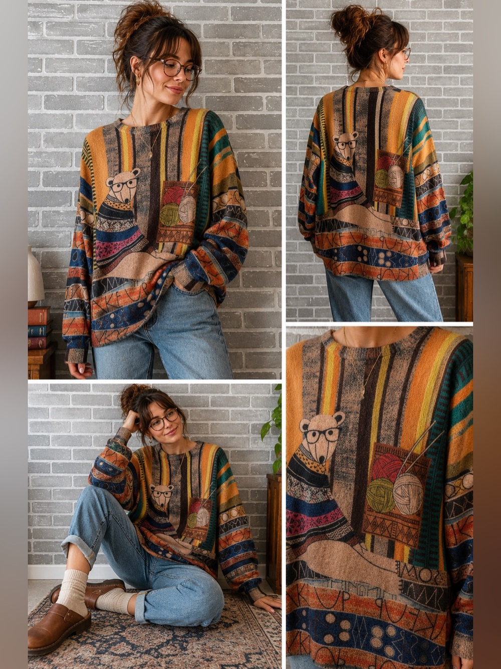 Gunest Polar Bear Sweater Wool Blend Artsy 90s Teacher Core Grandpa Knit Cozy